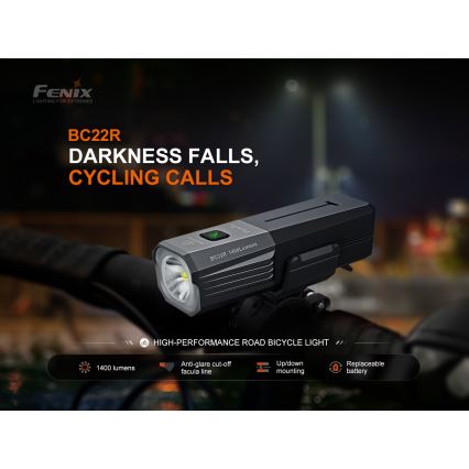 Fenix BC22R - Farol recarregável para bicicleta com LED e intensidade regulável, USB, 3400 mAh, IP66, 1400 lm, 41 h, preto