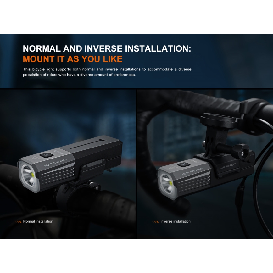 Fenix BC22R - Farol recarregável para bicicleta com LED e intensidade regulável, USB, 3400 mAh, IP66, 1400 lm, 41 h, preto