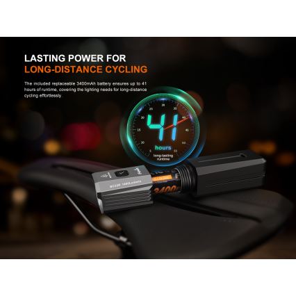 Fenix BC22R - Farol recarregável para bicicleta com LED e intensidade regulável, USB, 3400 mAh, IP66, 1400 lm, 41 h, preto