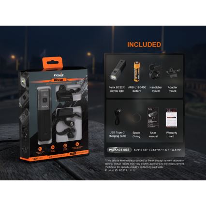 Fenix BC22R - Farol recarregável para bicicleta com LED e intensidade regulável, USB, 3400 mAh, IP66, 1400 lm, 41 h, preto