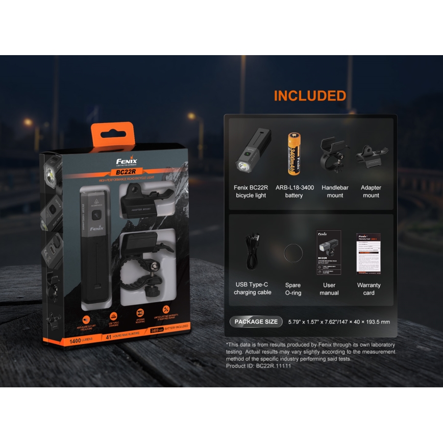 Fenix BC22R - Farol recarregável para bicicleta com LED e intensidade regulável, USB, 3400 mAh, IP66, 1400 lm, 41 h, preto