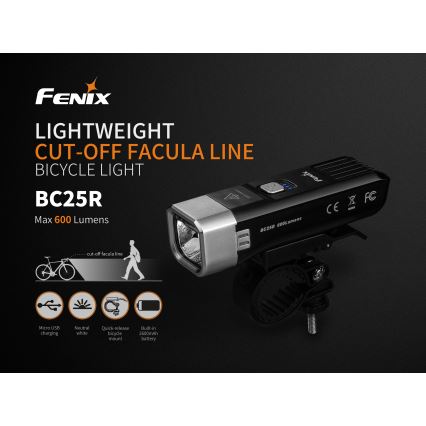 Fenix BC25R - Iluminação de bicicleta recarregável LED LED/USB IP66 600 lm 36 hrs