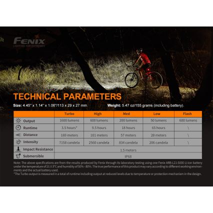Fenix BC26R - Iluminação de bicicleta recarregável LED/USB IP68 1600 lm 65 hrs
