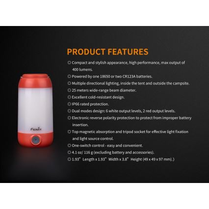 Fenix CL26RRED - Candeeiro portátil recarregável LED com regulação LED/USB/2xCR123A IP66 400 brilhante 400 h 2600 mAh laranja