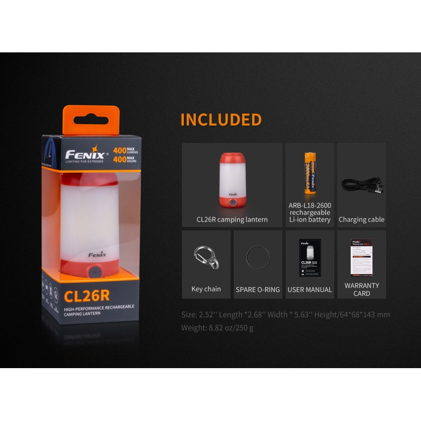 Fenix CL26RRED - Candeeiro portátil recarregável LED com regulação LED/USB/2xCR123A IP66 400 brilhante 400 h 2600 mAh laranja