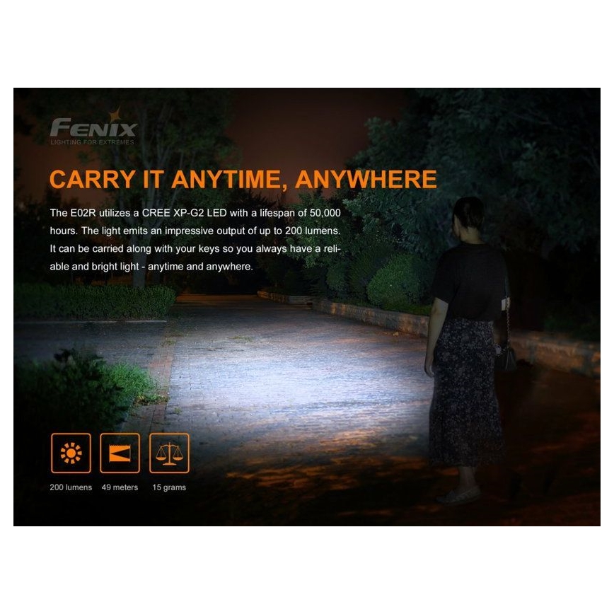 Fenix E02RBLC - Lanterna recarregável LED LED/USB IP68 200 lm 6,5 h