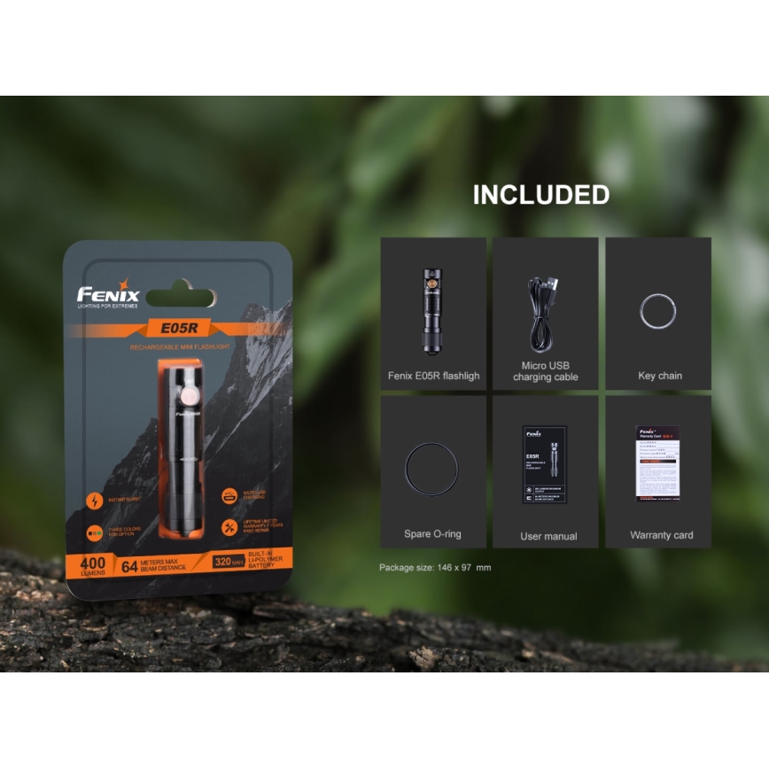 Fenix E05RBLC - Lanterna recarregável LED LED/USB IP68 400 lm 30 hrs