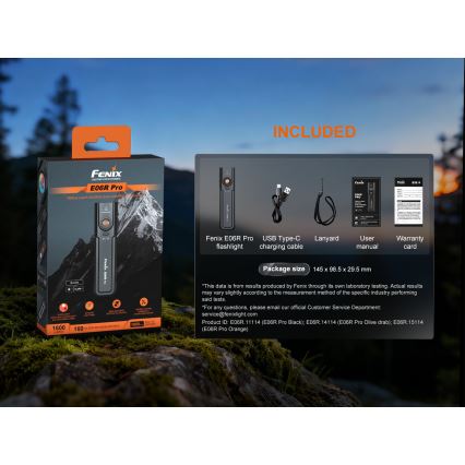 Fenix E06RPROEUBLC - Lanterna recarregável LED com regulação de intensidade, carregamento USB, 1650 mAh, IP66, 1600 lm, 111 h, preta