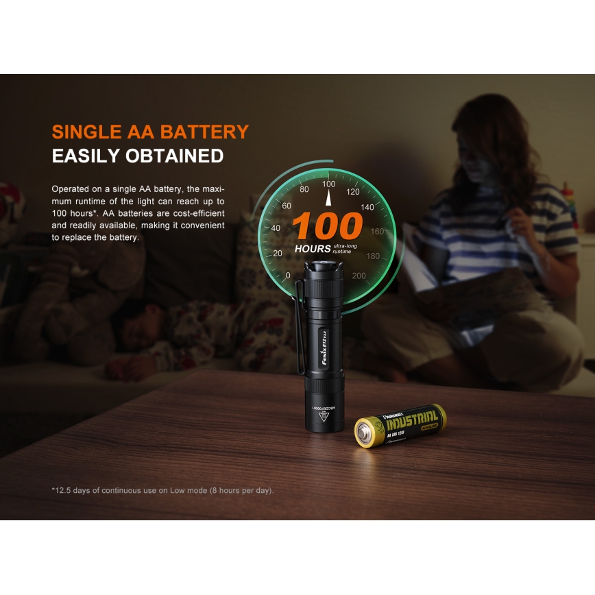 Fenix E12V30 - Lanterna LED recarregável com regulação de brilho LED/1xAA 2000 mAh IP68 200 lm 100 h preta