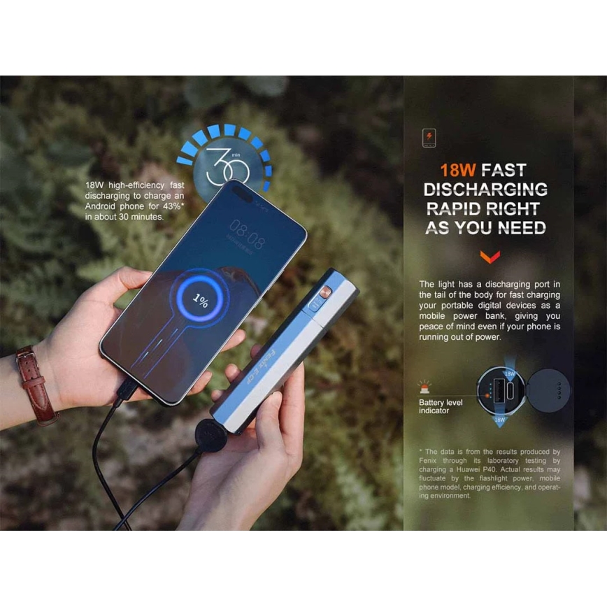 Fenix ECPBLUE - Lanterna recarregável LED com um power bank USB IP68 1600 brilhante 504 h 5000 mAh azul