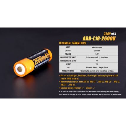 Fenix FE18650LI26USB - 1pc Bateria recarregável USB/3,6V 2600 mAh