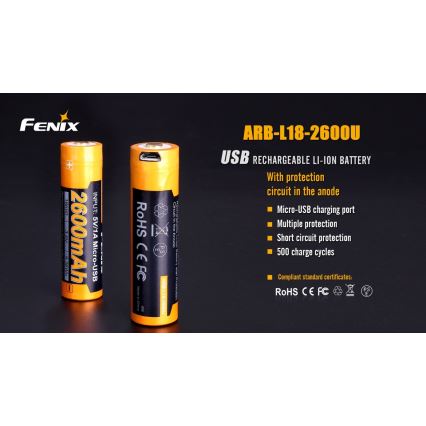Fenix FE18650LI26USB - 1pc Bateria recarregável USB/3,6V 2600 mAh