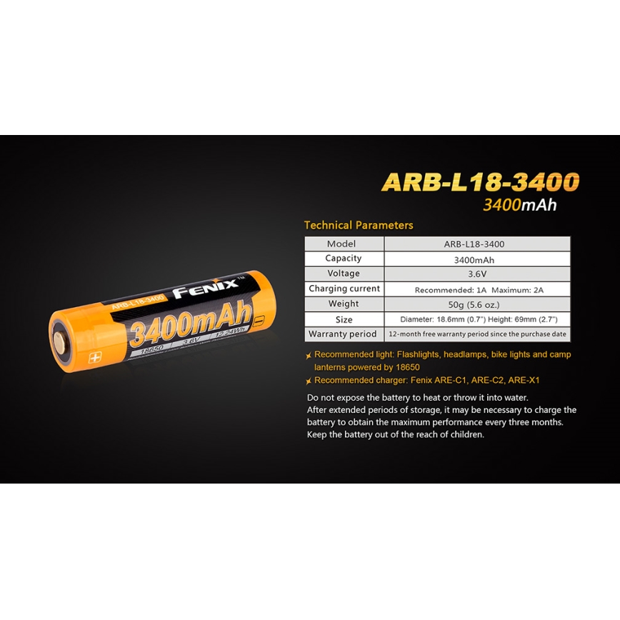 Fenix FE18650LI34 - 1 unidade Bateria recarregável 18650/3,6 V 3400 mAh