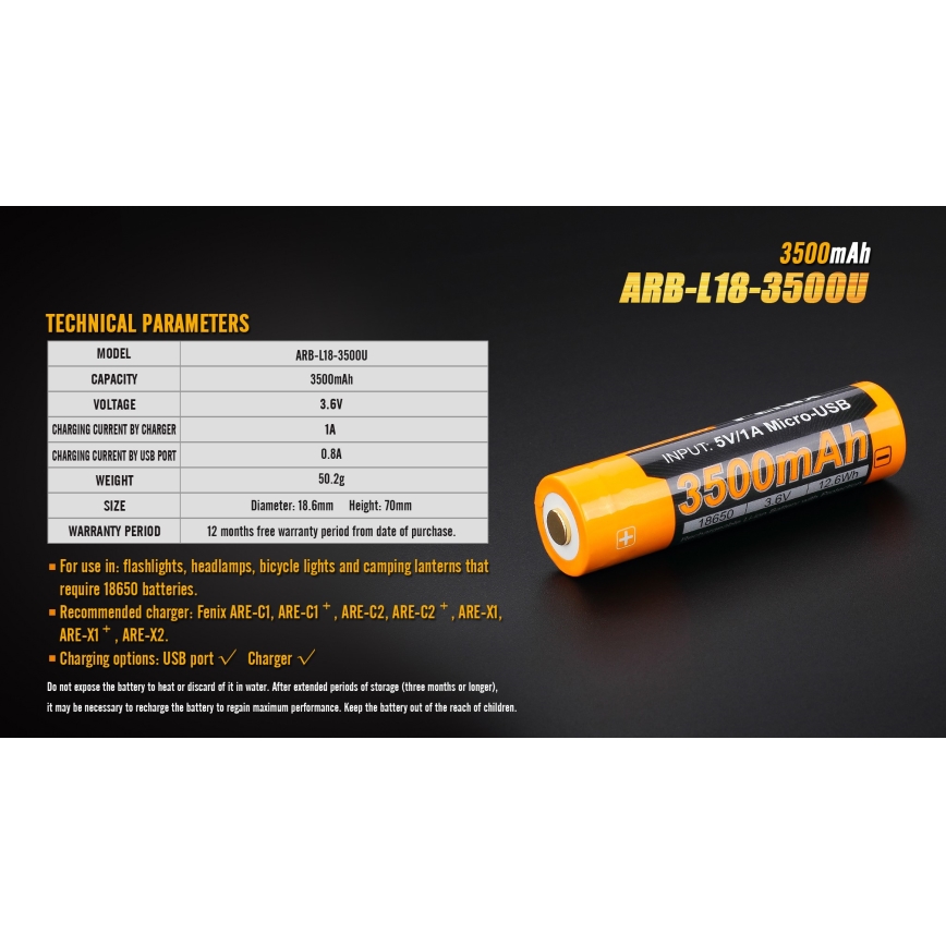 Fenix FE18650LI35USB - 1 unidade Bateria recarregável USB/3,6V 3500 mAh