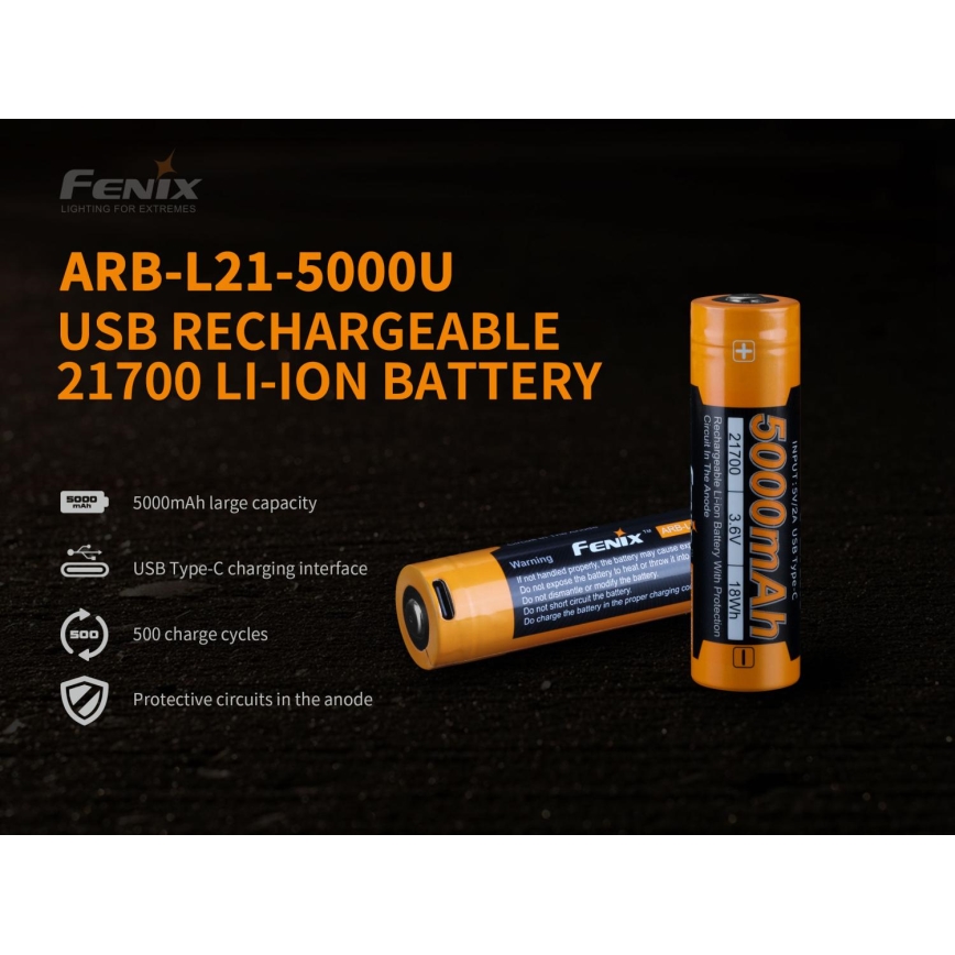 Fenix FE21700USB - 1 unidade Bateria recarregável USB/3,6V 5000 mAh