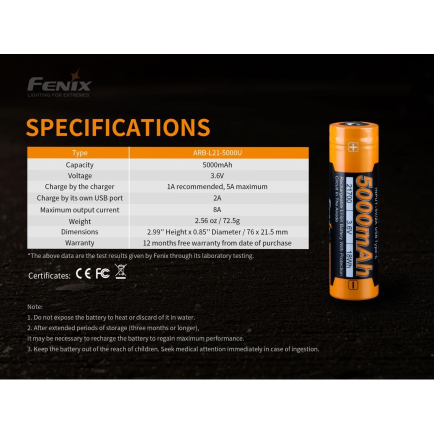 Fenix FE21700USB - 1 unidade Bateria recarregável USB/3,6V 5000 mAh