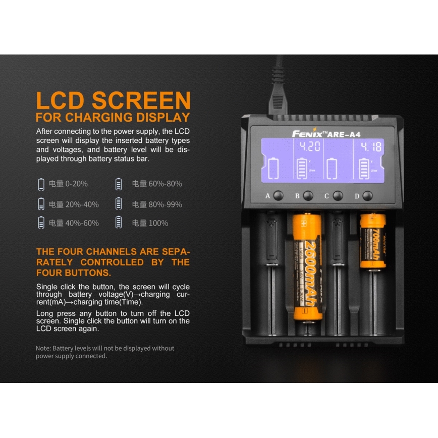 Fenix FENAREA4 - Carregador de pilhas 4xLi-ion/AAA/AA/C 5V