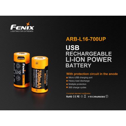 Fenix FERCR123ALIIONUP - 1pc Bateria recarregável USB/3,6V 700 mAh
