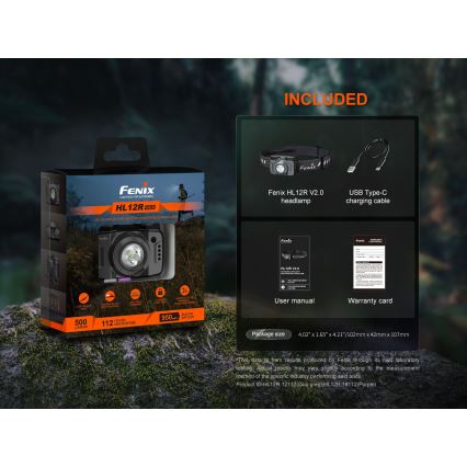 Fenix HL12RV20BLC - Lanterna frontal recarregável LED regulável LED/USB 950 mAh IP66 500 lm 112 h preta