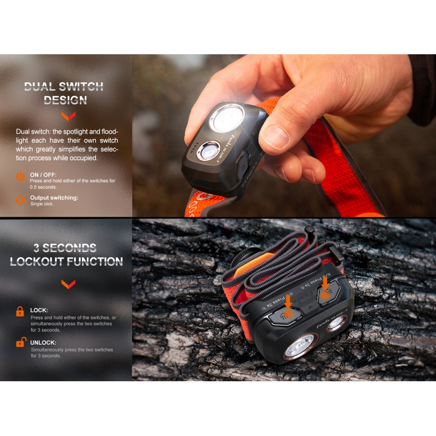 Fenix HL32RTBLCK - Lanterna de cabeça recarregável LED LED/USB/3xAAA IP66 800 brilhante 300 h 1900 mAh preto/laranja