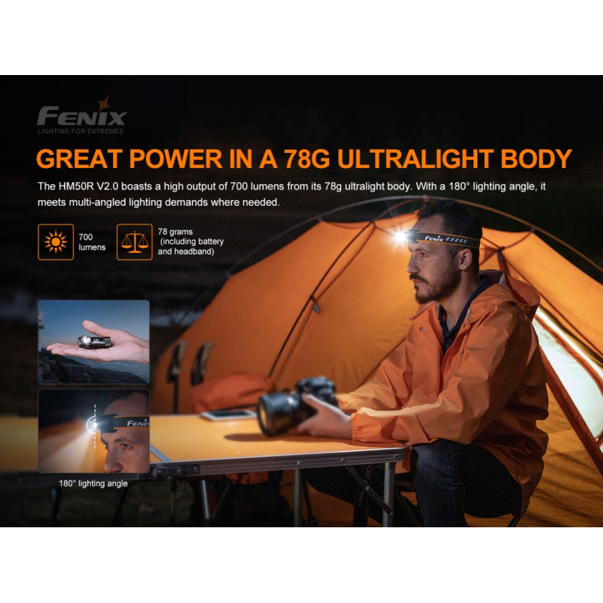 Fenix HM50RV20 - Lanterna de cabeça recarregável LED 3xLED/USB/1xCR123A IP68 700 brilhante 120 h 700 mAh