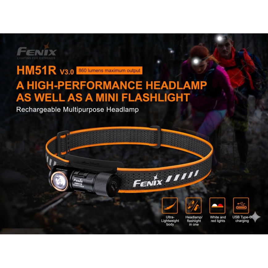 Fenix HM51RV30 - Lanterna frontal recarregável LED com controle de intensidade LED/USB/1xCR123A 950 mAh IP68 860 lm 125 h laranja