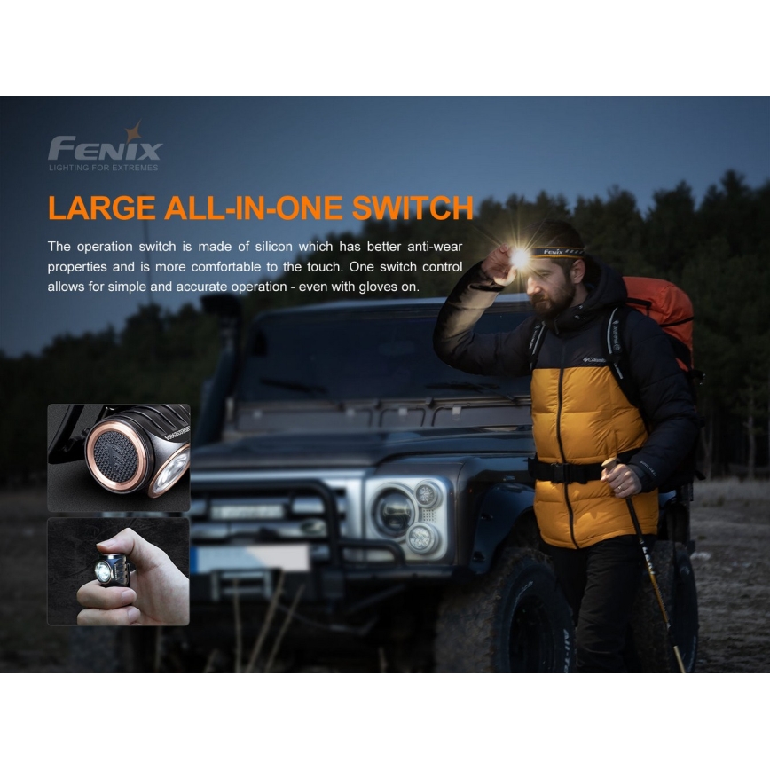 Fenix HM51RV30 - Lanterna frontal recarregável LED com controle de intensidade LED/USB/1xCR123A 950 mAh IP68 860 lm 125 h laranja