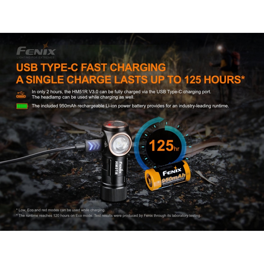 Fenix HM51RV30 - Lanterna frontal recarregável LED com controle de intensidade LED/USB/1xCR123A 950 mAh IP68 860 lm 125 h laranja