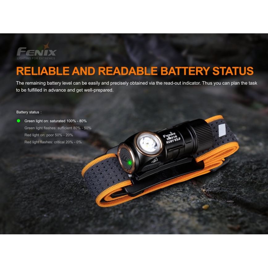 Fenix HM51RV30 - Lanterna frontal recarregável LED com controle de intensidade LED/USB/1xCR123A 950 mAh IP68 860 lm 125 h laranja