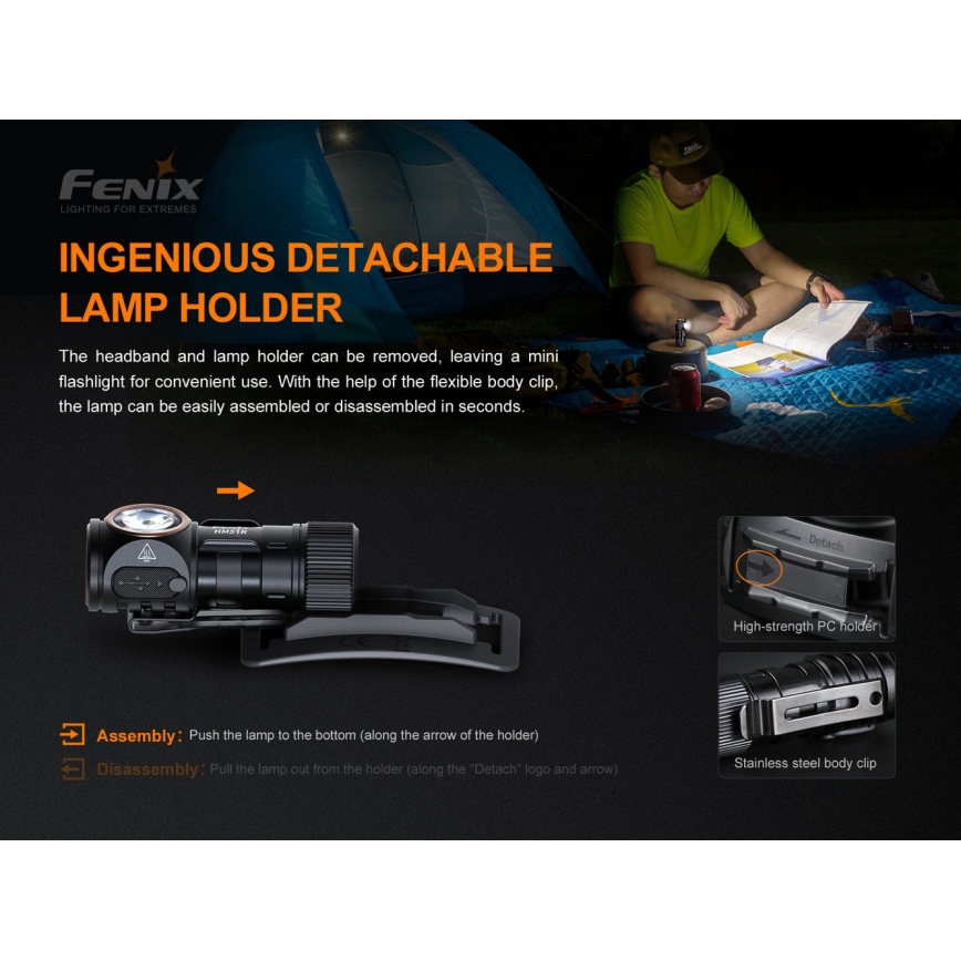 Fenix HM51RV3ABL - Lanterna frontal recarregável com LED e regulação de intensidade LED/USB/1xCR123A 950 mAh IP68 860 lm 125 h preta
