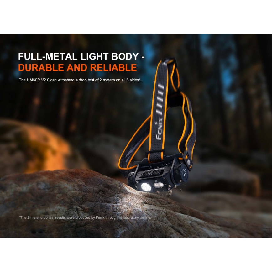 Fenix HM60RV20 - Lanterna de cabeça recarregável LED/USB com brilho ajustável, 4000 mAh, IP68, 1600 lm, 292 h, laranja