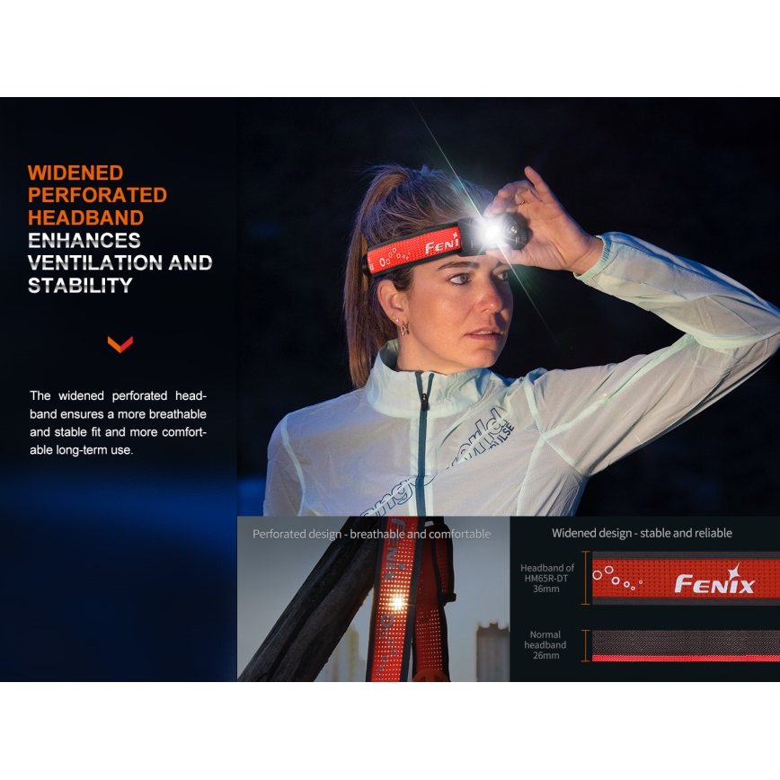 Fenix HM65RDTPRP - Lanterna de cabeça recarregável LED LED/USB IP68 1500 lm 300 h roxo/preto