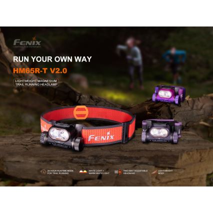 Fenix HM65RTV20PRP - Lanterna de cabeça LED com regulação LED/USB/2xCR123A IP68 1600 lm 300h 3400 mAh preto/roxo