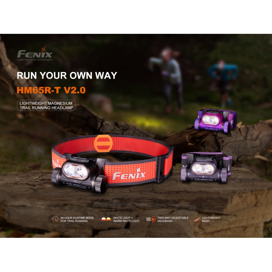 Fenix HM65RTV20PRP - Lanterna de cabeça LED com regulação LED/USB/2xCR123A IP68 1600 lm 300h 3400 mAh preto/roxo