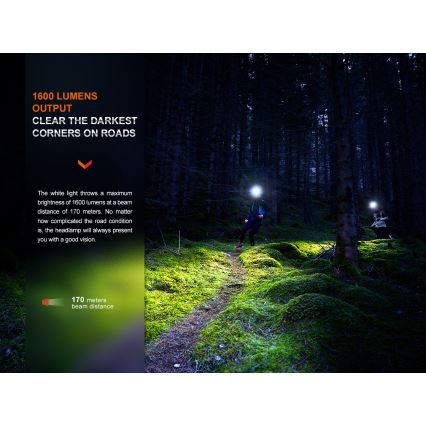 Fenix HM65RTV20PRP - Lanterna de cabeça LED com regulação LED/USB/2xCR123A IP68 1600 lm 300h 3400 mAh preto/roxo