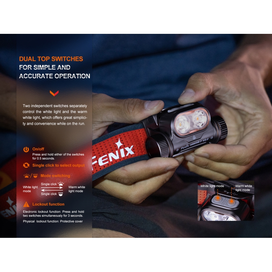 Fenix HM65RTV20PRP - Lanterna de cabeça LED com regulação LED/USB/2xCR123A IP68 1600 lm 300h 3400 mAh preto/roxo