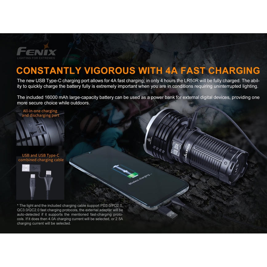 Fenix LR50R - Lanterna recarregável LED 4xLED/USB IP68 12000 lm 58 hrs