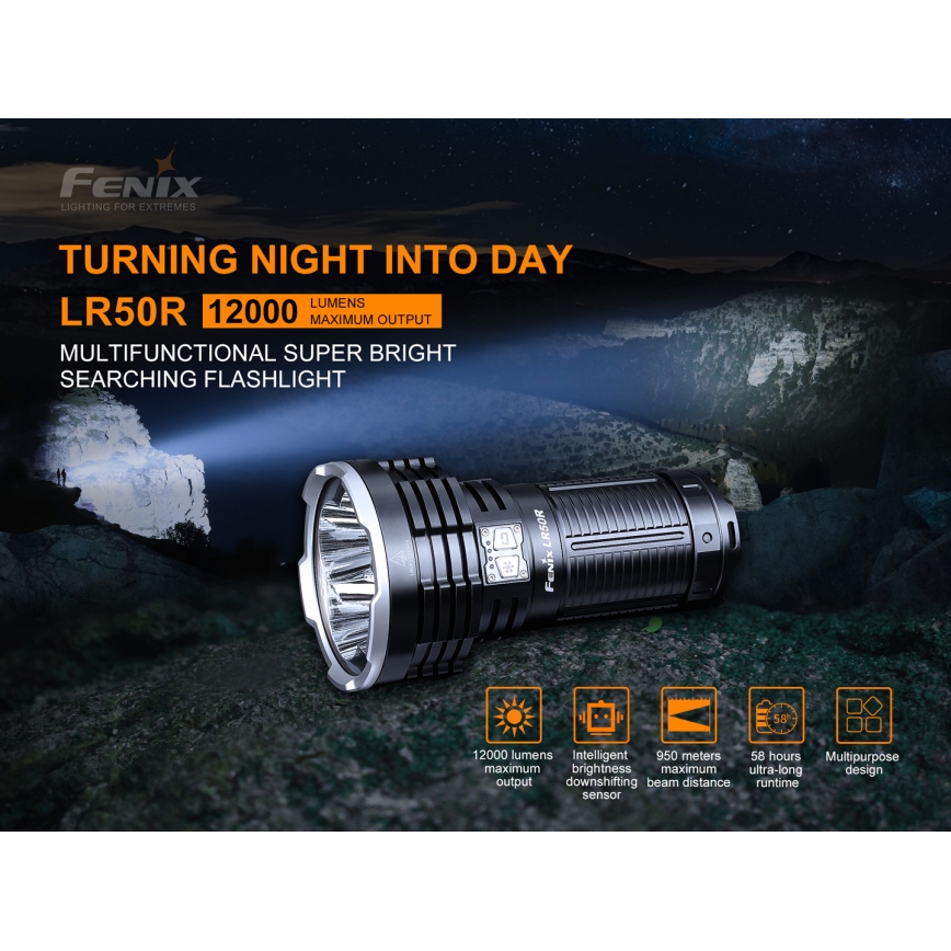 Fenix LR50R - Lanterna recarregável LED 4xLED/USB IP68 12000 lm 58 hrs