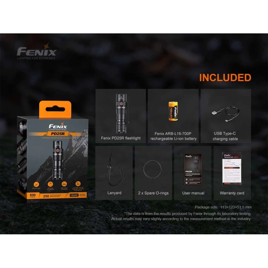 Fenix PD25R - Lanterna recarregável LED LED/USB/1xCR123A IP68 800 lm 70 h 700 mAh