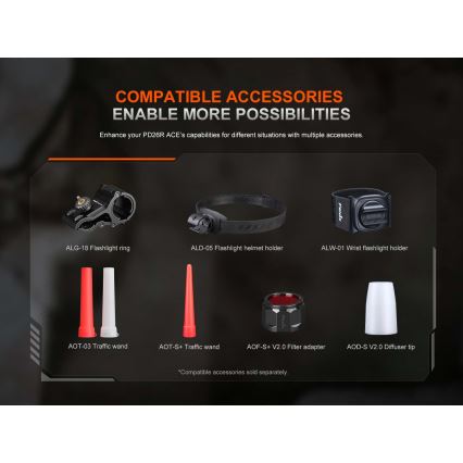 Fenix PD26RACE - Lanterna recarregável LED com regulação de brilho, carregamento USB, bateria 1600 mAh, classificação IP68, 1300 lm, 556 h, preta