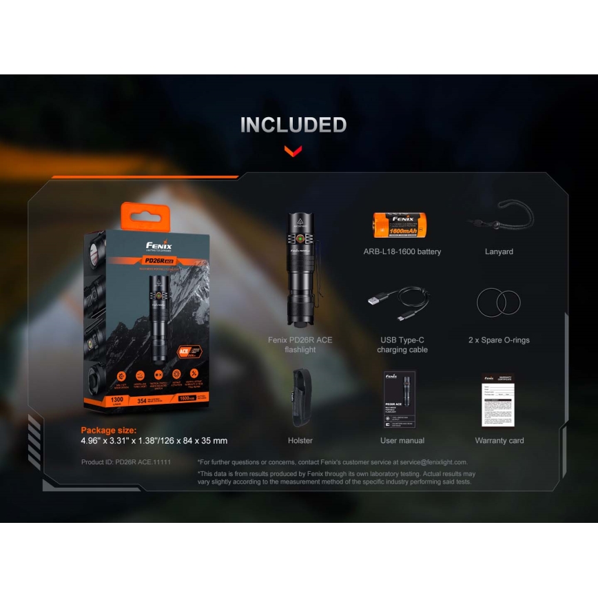 Fenix PD26RACE - Lanterna recarregável LED com regulação de brilho, carregamento USB, bateria 1600 mAh, classificação IP68, 1300 lm, 556 h, preta