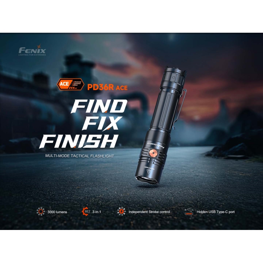 Fenix PD36RACE - Lanterna LED recarregável com regulagem de intensidade, carregamento USB, 5000 mAh, IP68, 3000 lm, 63,45 h, preta