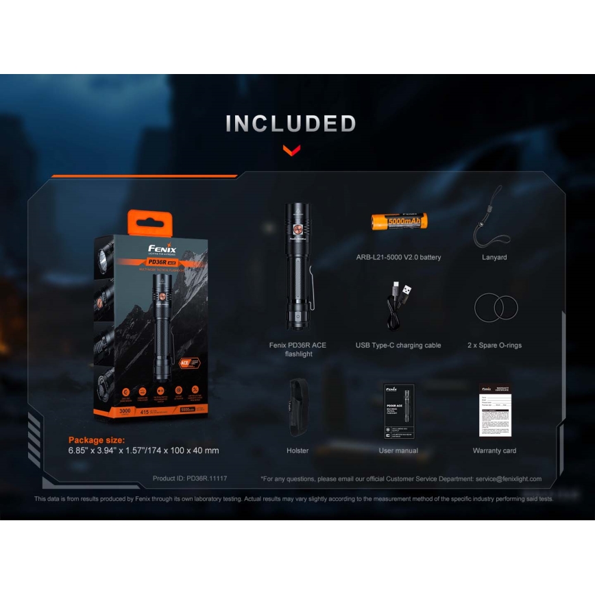 Fenix PD36RACE - Lanterna LED recarregável com regulagem de intensidade, carregamento USB, 5000 mAh, IP68, 3000 lm, 63,45 h, preta