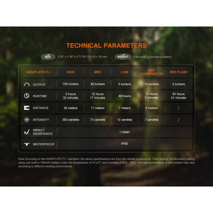 Fenix SW05RREDBLC - Lanterna LED com regulação LED/USB IPX6 150 lm 49 h 700 mAh preto