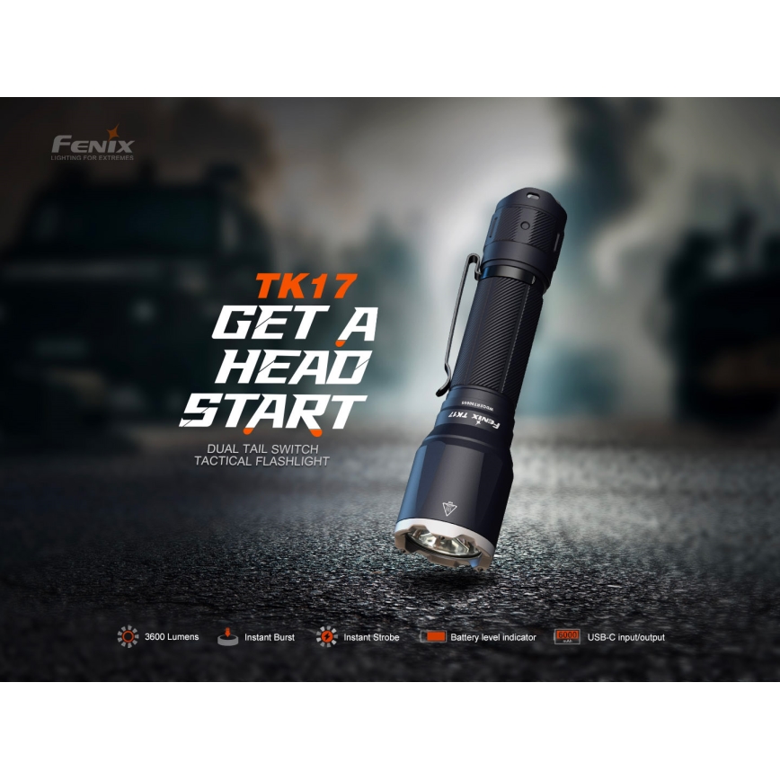 Fenix TK17BLK - Lanterna recarregável LED com dimerização e carregamento USB 6000 mAh IP68 3600 lm 60 h preta