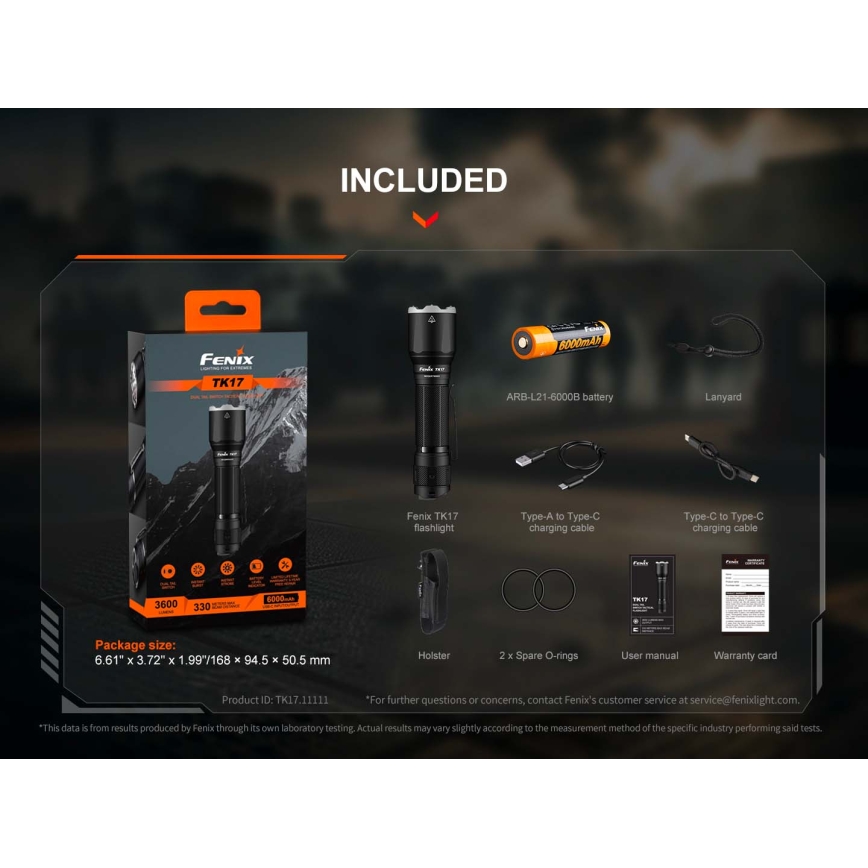 Fenix TK17BLK - Lanterna recarregável LED com dimerização e carregamento USB 6000 mAh IP68 3600 lm 60 h preta