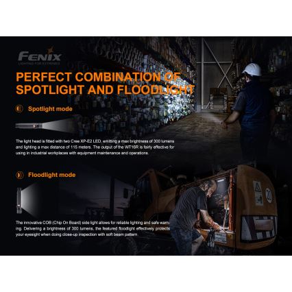 Fenix WT16R - Lanterna recarregável LED 2xLED/USB IP66 300 lm 30 hrs