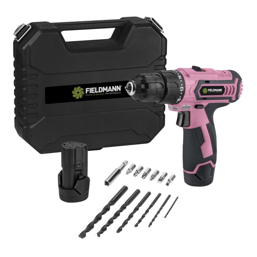 Fieldmann - Parafusadeira a bateria com acessórios 12V 1300 mAh rosa/preto