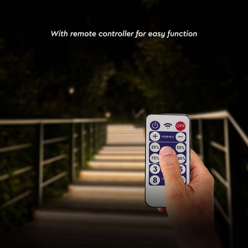 Fita LED solar regulável LED/1,2W/3,7V 4000K IP67 1500 mAh 5m + controlo remoto