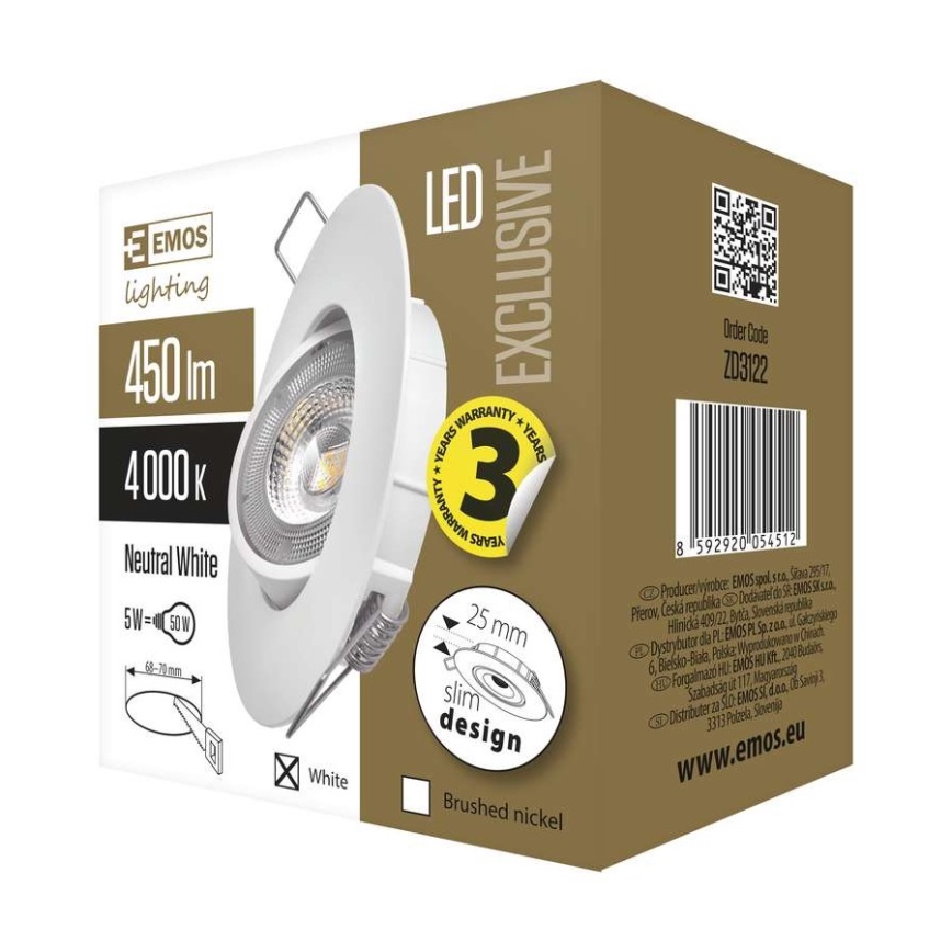 Foco de encastrar LED EXCLUSIVE LED/5W/230V 4000 K branco